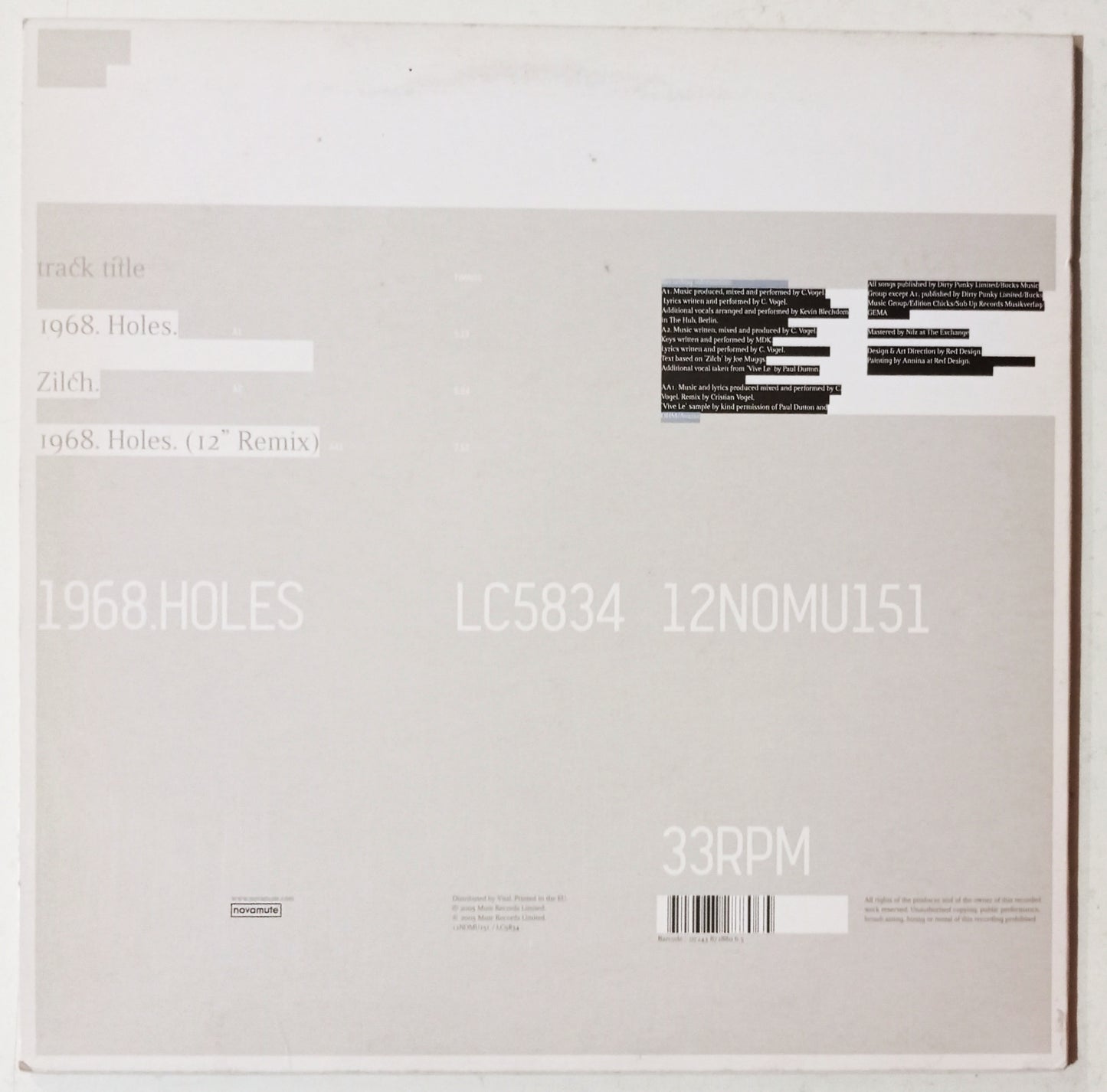 Cristian Vogel - 1968.Holes (Vynil 12" - Importado Inglaterra - USADO)